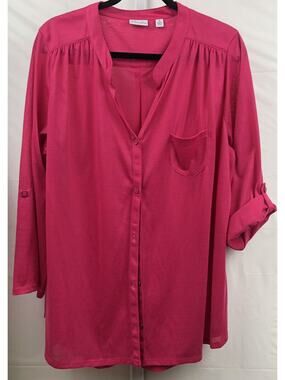 Kim Rogers Top Women 1X Pink Stretch Pleated Button Up Mock Neck Roll Tab Blouse